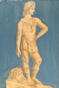 Disegno su cartoncino,carboncino e  tempera. Studio accademico scultura in bronzo di Davide di Donatello